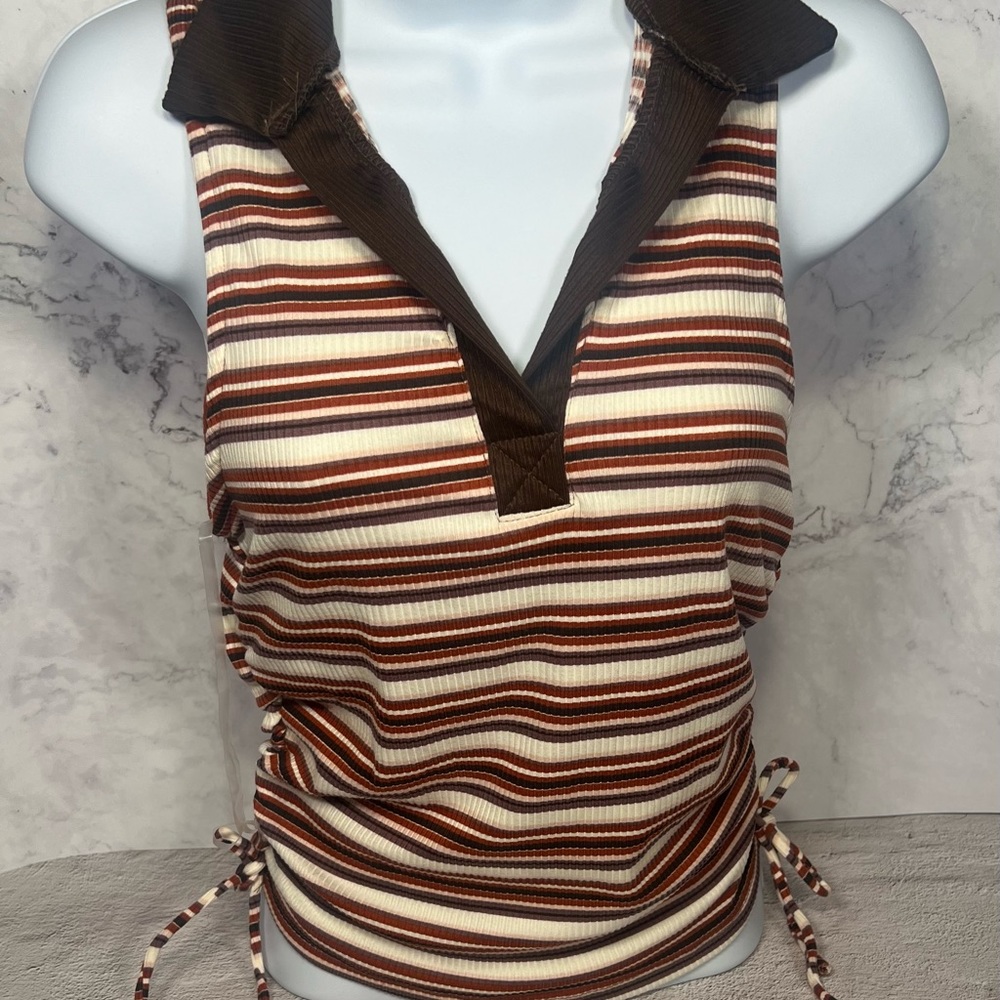JUST POLY Women's Collard Brown Stripe String Polo Size medium